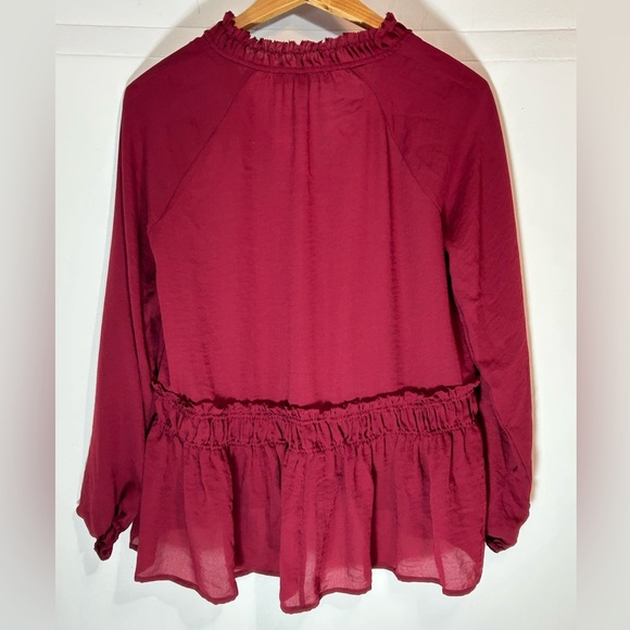 LOFT Burgundy Ruffle Trim Long Sleeve Slit Neck With Tie Blouse. Size XS - Picture 6 of 8